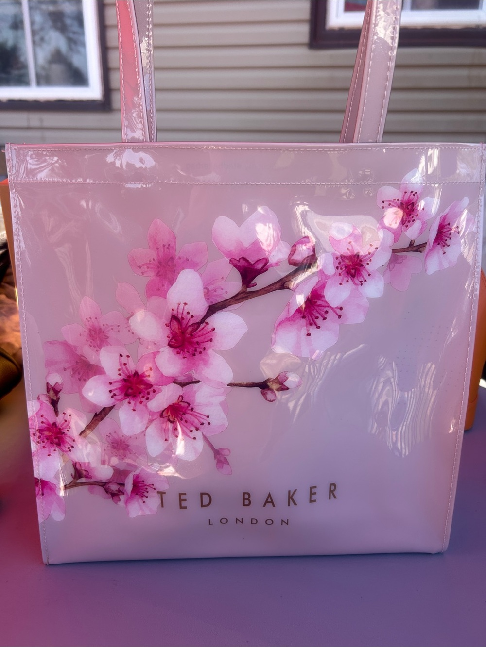 EUC Ted Baker Pink Floral Patent Tote with Cherry Blossom Print - Picture 4 of 8
